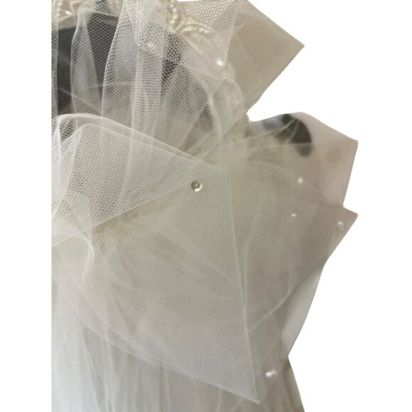 Vintage 1990s Beaded Bridal Headband Veil Cream Tulle Two Tier Mid Length - Picture 9 of 16